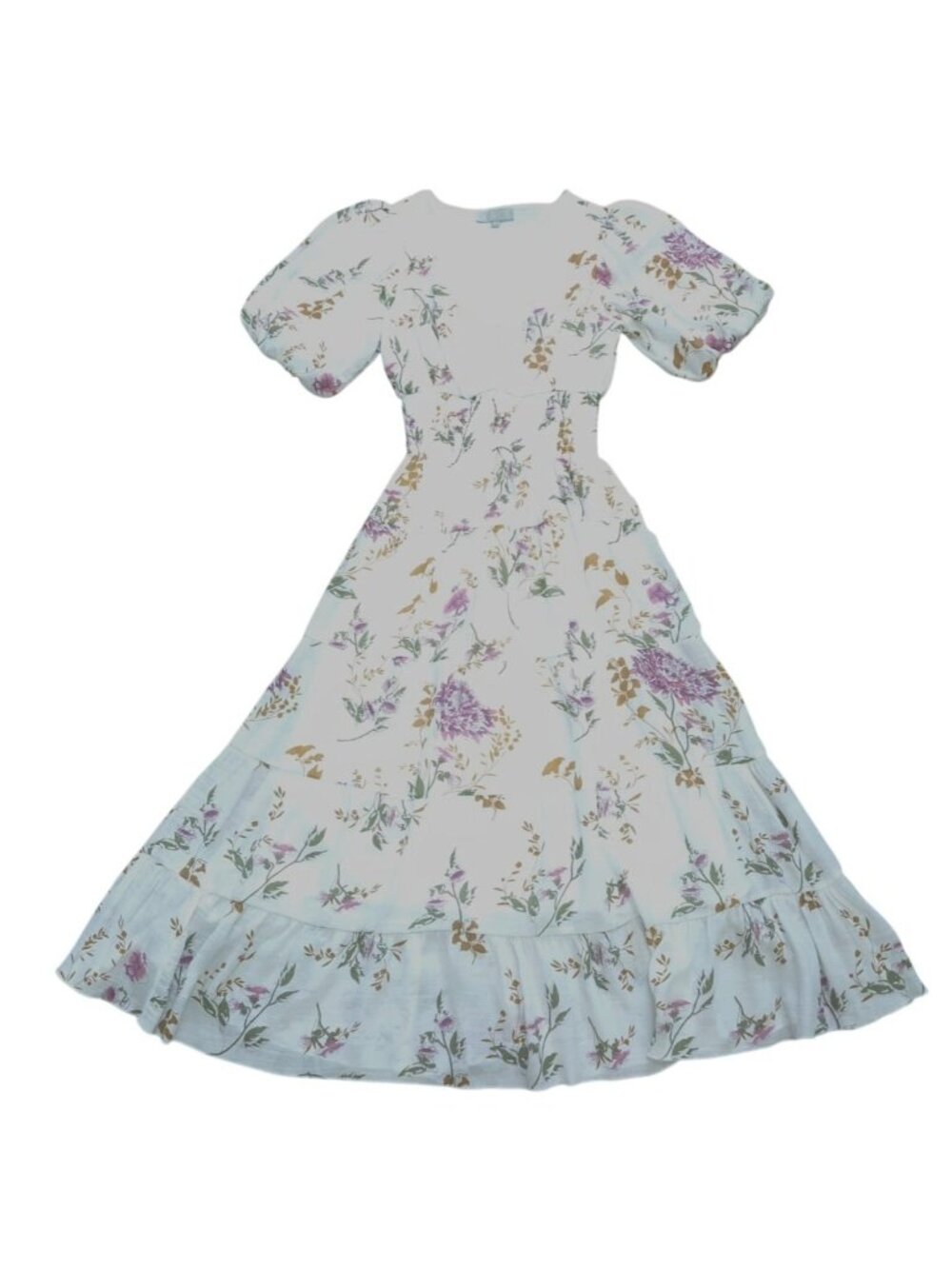 Floral Puff Sleeve Maxi Dress Smocked Waist Lace Trim Button S White